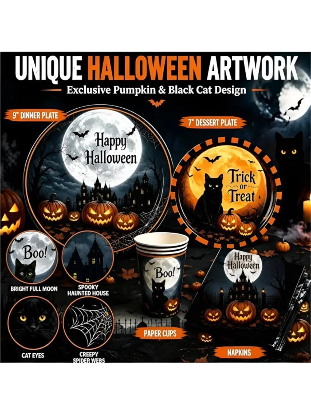 Halloween Party Supplies Plates and Napkins Set, Halloween Disposable Tableware